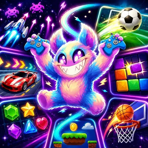 Swipe2Play mascot surrounded by arcade, sports, and puzzle games