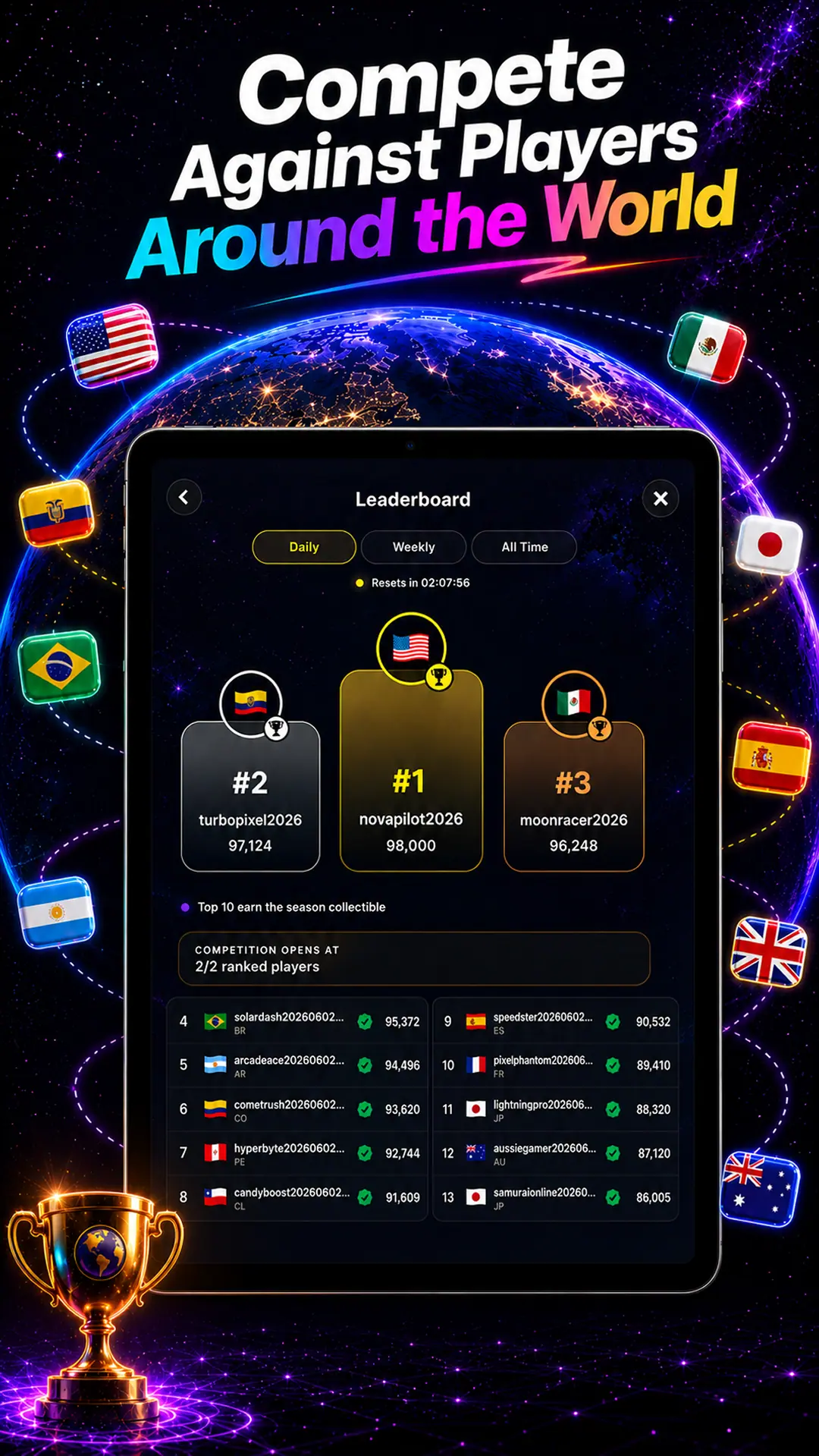 Swipe2Play global leaderboard displayed on an Android-compatible tablet