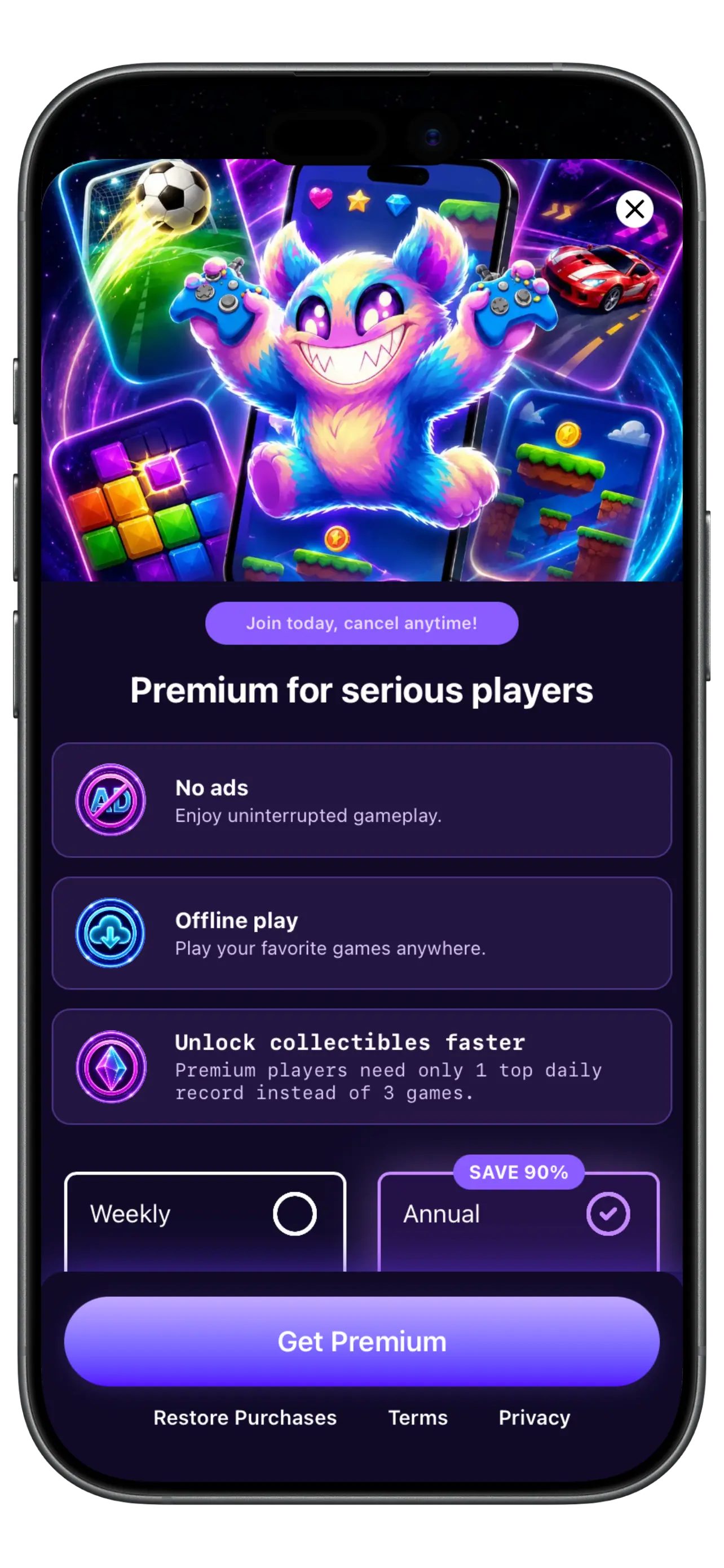 Swipe2Play Premium screen explaining no ads and offline play benefits