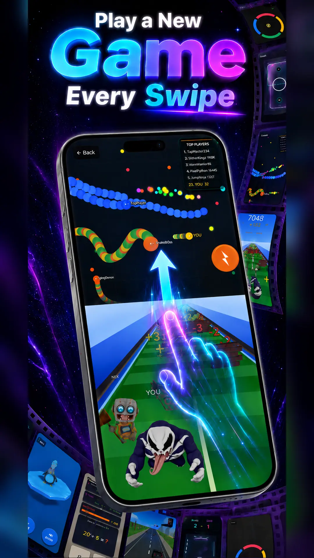 Swipe2Play offline mini-games displayed in an iPhone game reel