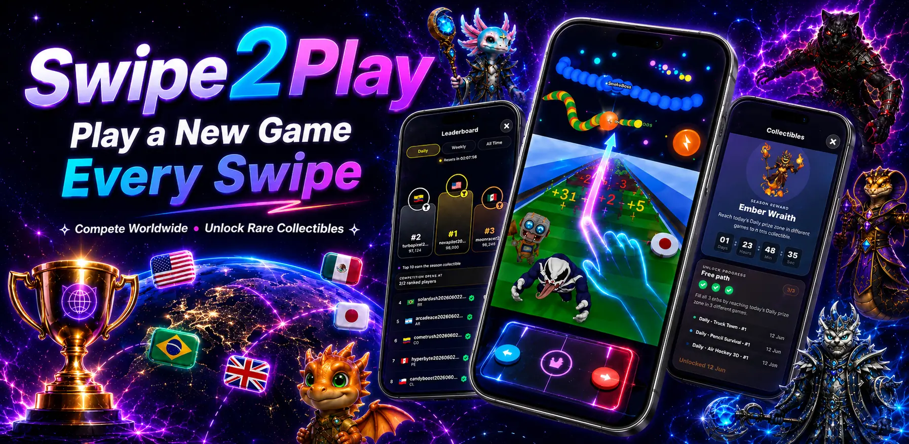 Swipe2Play offline mini-games, worldwide leaderboard, and collectible screens